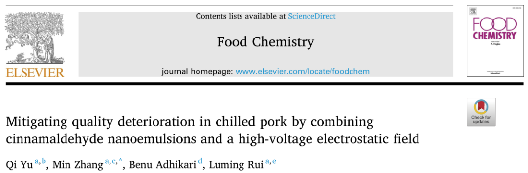 Food Chemistry文章:肉桂醛纳米乳剂与高压静电场相结合缓解冷鲜猪肉品质劣化